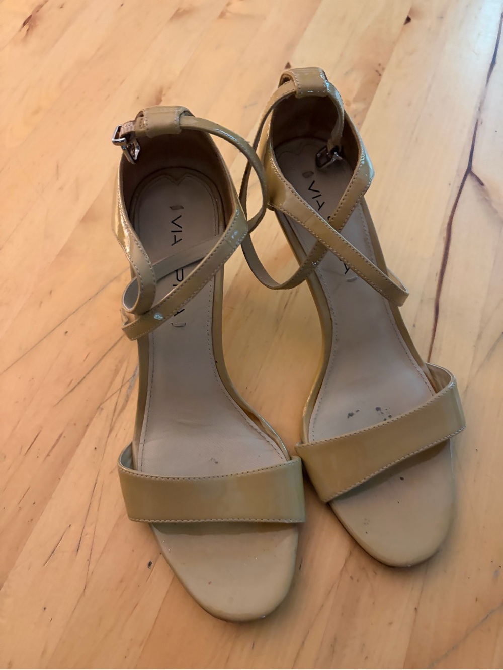 Via Spiga Patent Tan Ankle-Strap Sandals
